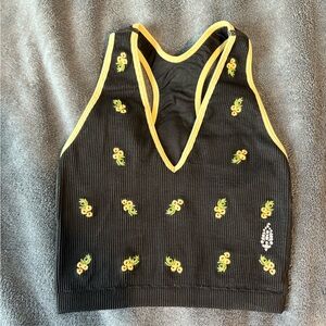 Black Crop Top with Yellow Trim and Flower Embroidery